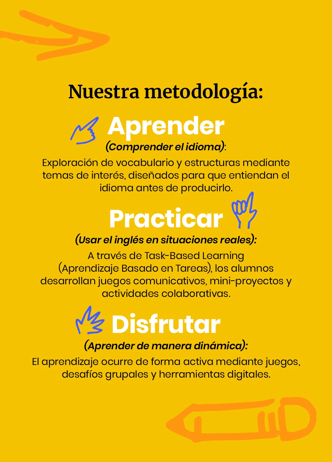 Metodología: aprender, practicar y disfrutar el idioma.