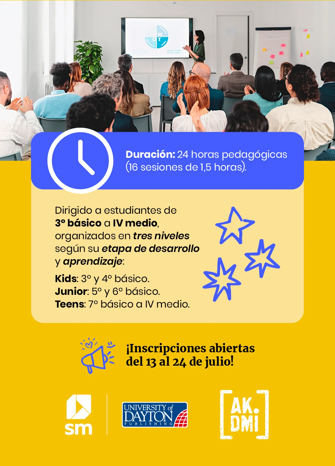 Duración, niveles (Kids, Junior, Teens) e inscripciones abiertas.